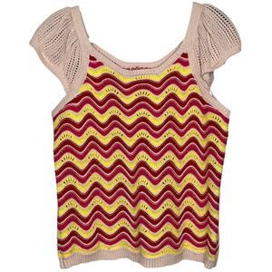Kaily K NEW Crochet Cap Sleeve Sweater Yellow Pink Chevron Pattern XL